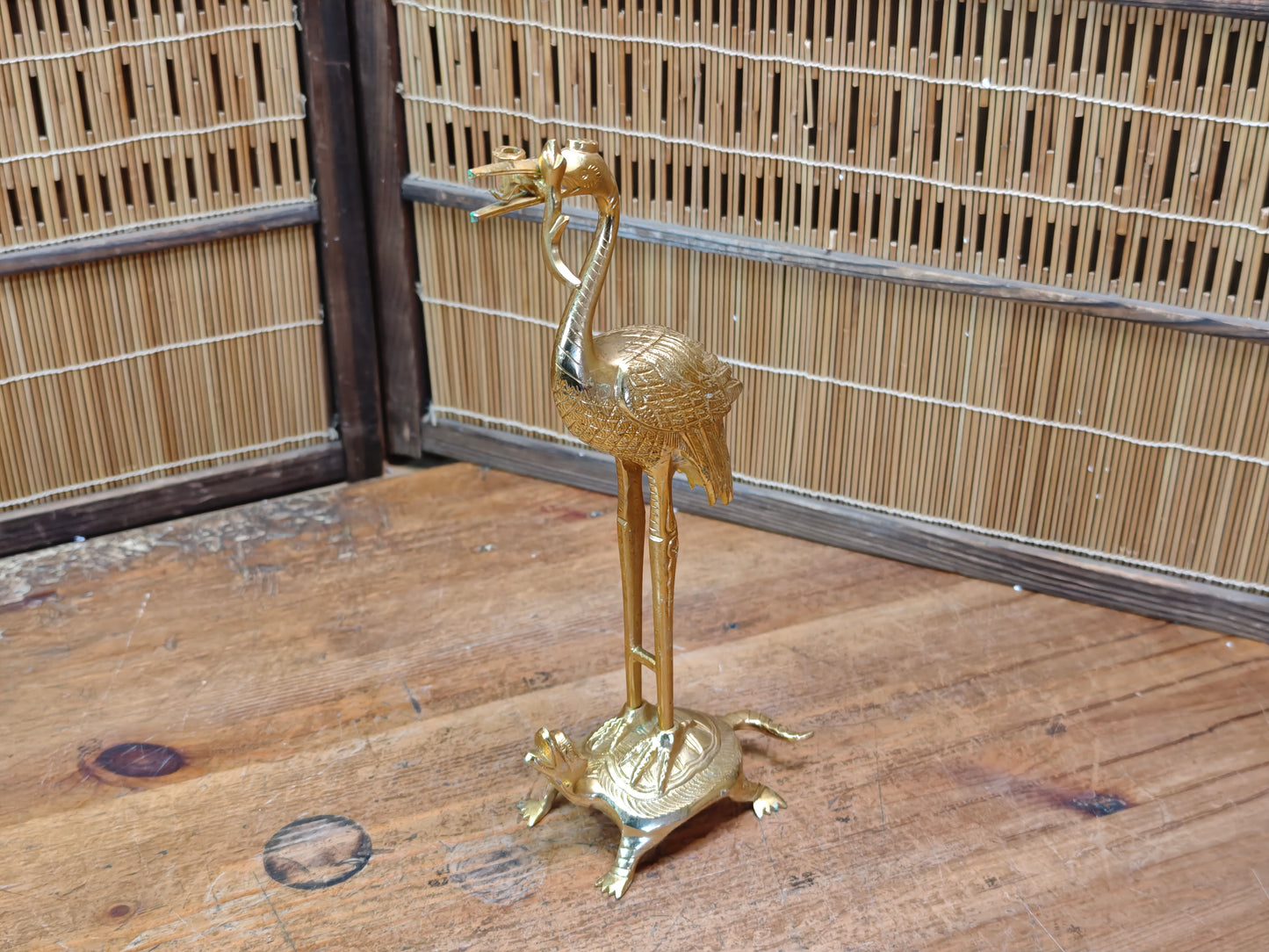 Japanese Brass Tsuru Kame Candlestick Crane Turtle Feng Shui Decor