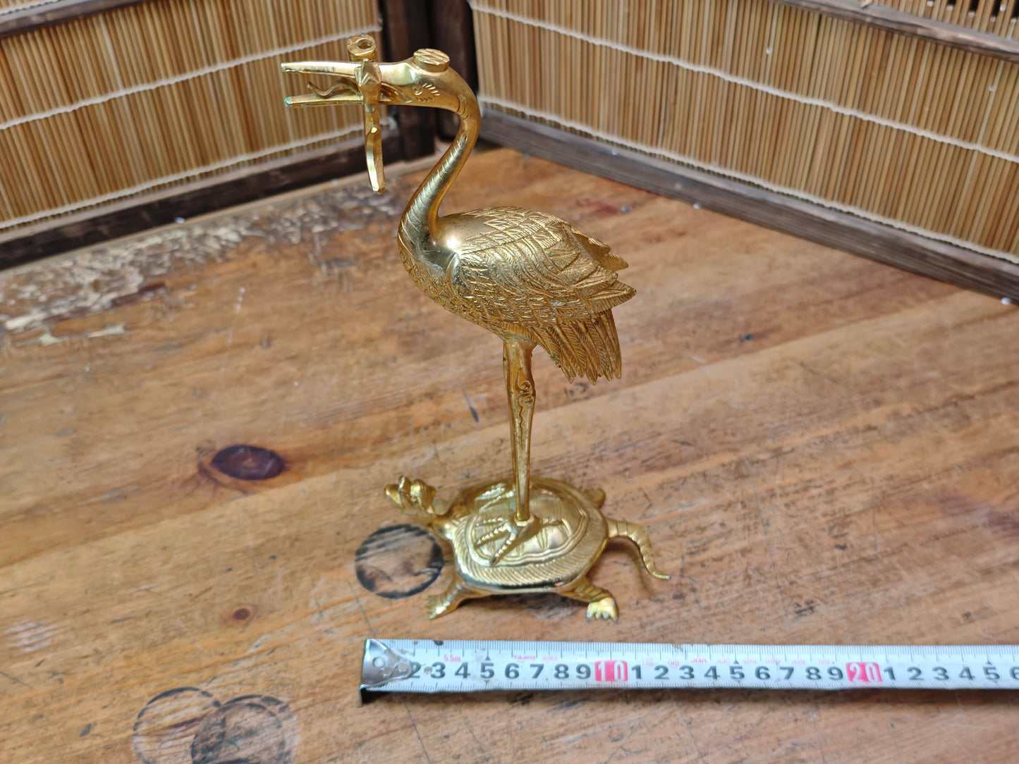 Japanese Brass Tsuru Kame Candlestick Crane Turtle Feng Shui Decor