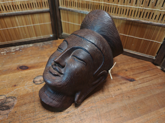 Japanese Vintage 1950s Buddha Mask Ceramic Wood Style Wall Art Decor