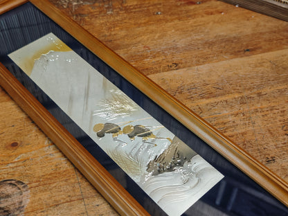 1950s Japanese Chokin Art Silver Gold Engraved Fuji Scroll Frame Vintage