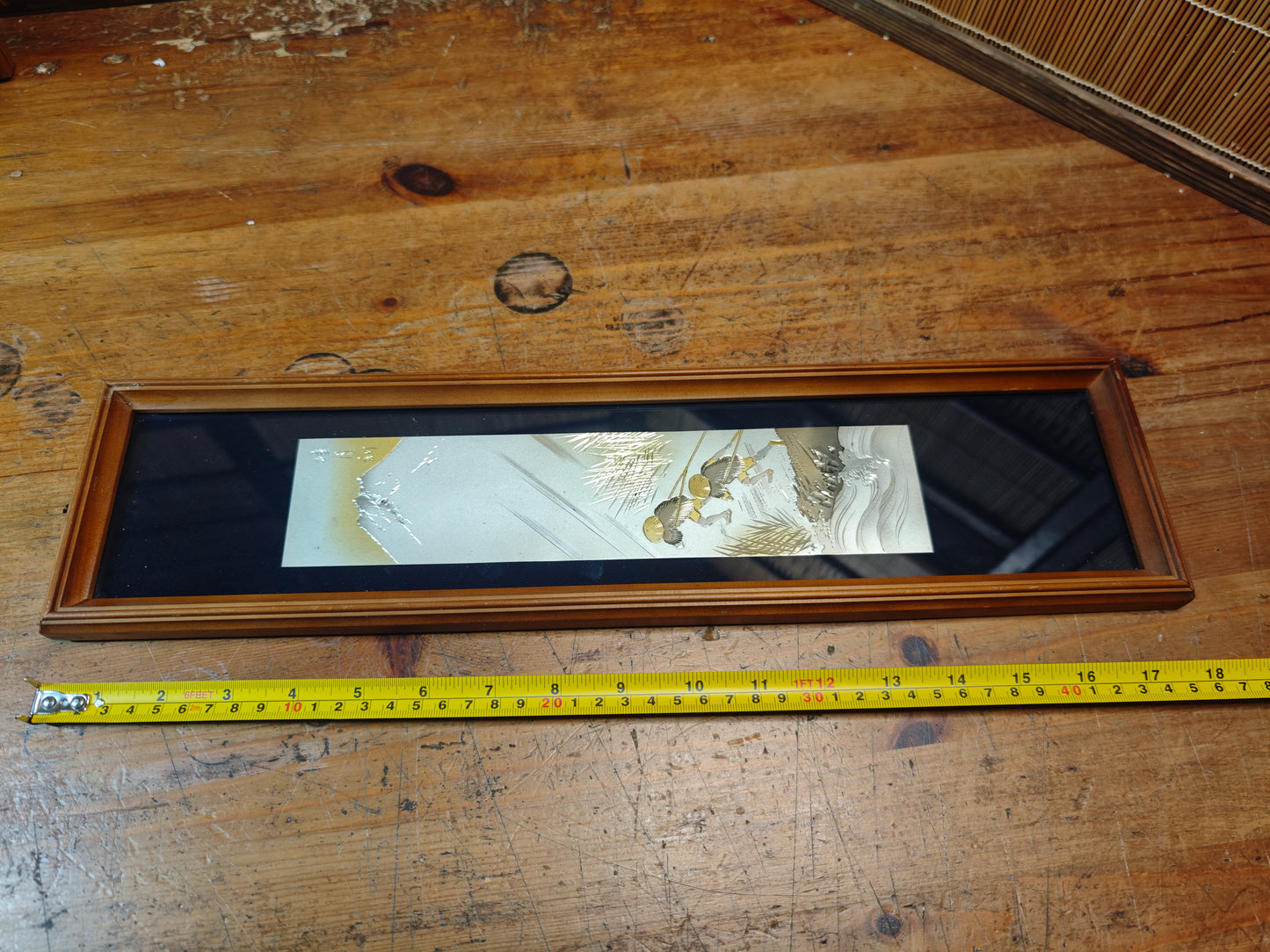 1950s Japanese Chokin Art Silver Gold Engraved Fuji Scroll Frame Vintage