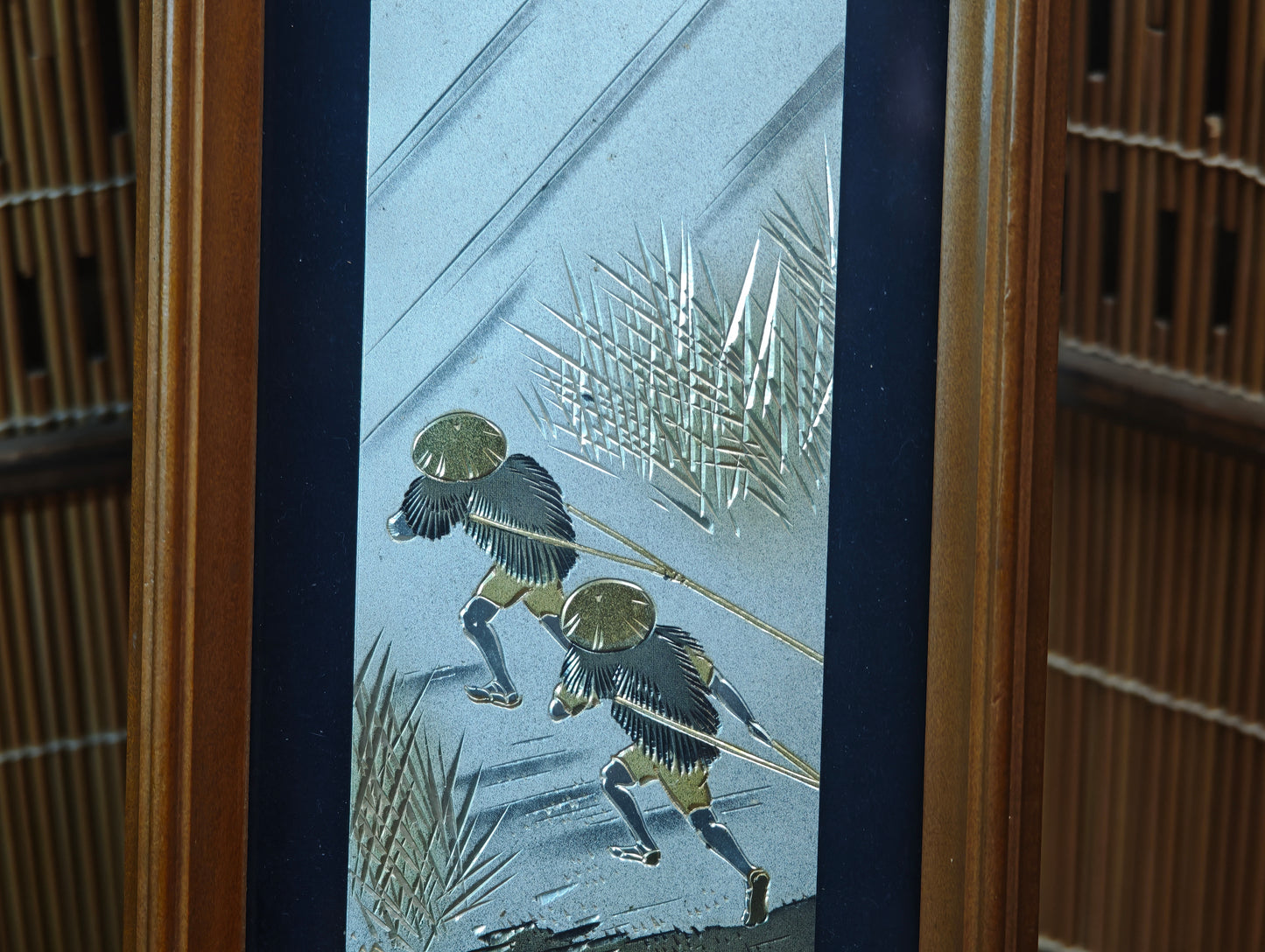 1950s Japanese Chokin Art Silver Gold Engraved Fuji Scroll Frame Vintage