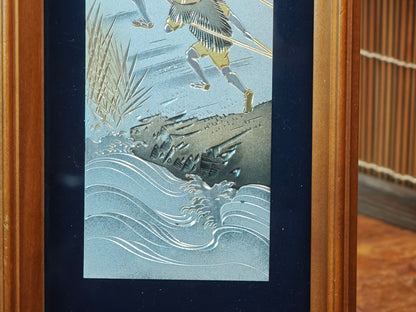 1950s Japanese Chokin Art Silver Gold Engraved Fuji Scroll Frame Vintage