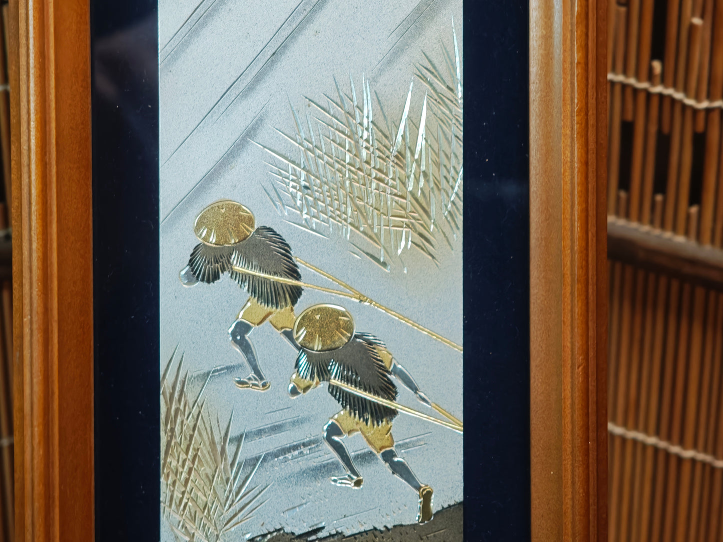 1950s Japanese Chokin Art Silver Gold Engraved Fuji Scroll Frame Vintage