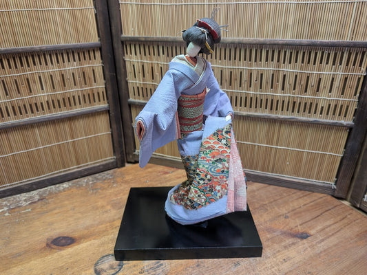 Rare Japanese Geisha Doll Silk Kimono on Lacquer Base Vintage Decor