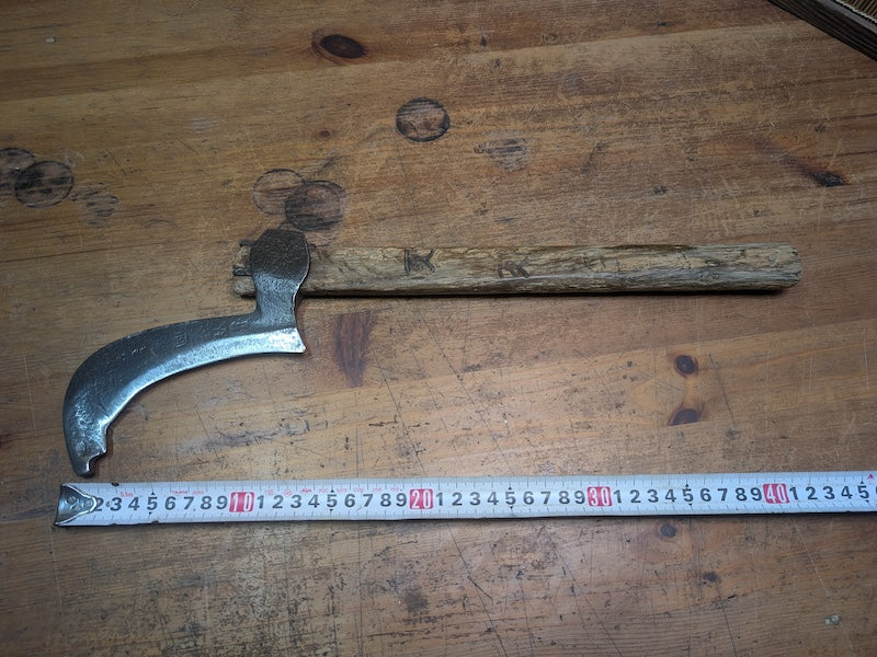 Japanese Hand-Forged Sickle signed Vintage Tool Wood Handle Auction Japan