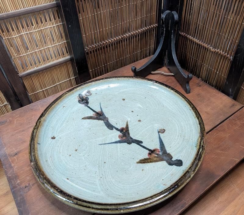 1950s Japanese Sakura Ceramic Plate Handmade Art Pottery Display Stand