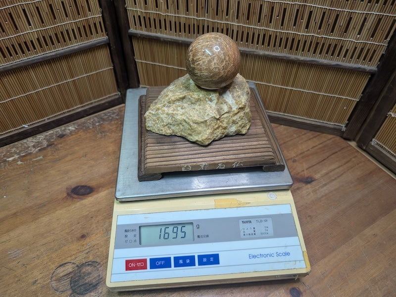 Japanese Stone Sphere Sculpture on Yakisugi Stand Wabi Sabi Décor