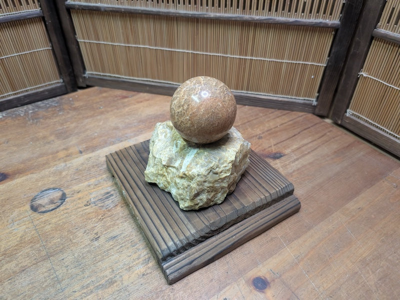 Japanese Stone Sphere Sculpture on Yakisugi Stand Wabi Sabi Décor