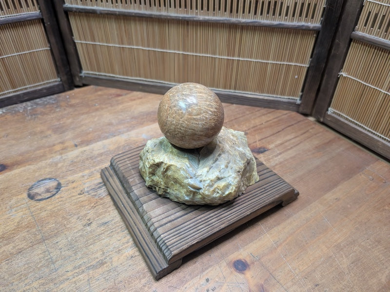 Japanese Stone Sphere Sculpture on Yakisugi Stand Wabi Sabi Décor