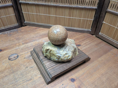 Japanese Stone Sphere Sculpture on Yakisugi Stand Wabi Sabi Décor