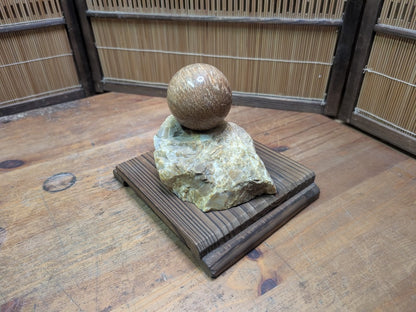 Japanese Stone Sphere Sculpture on Yakisugi Stand Wabi Sabi Décor