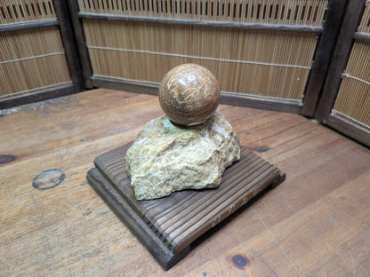 Japanese Stone Sphere Sculpture on Yakisugi Stand Wabi Sabi Décor