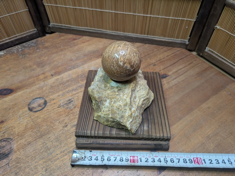 Japanese Stone Sphere Sculpture on Yakisugi Stand Wabi Sabi Décor