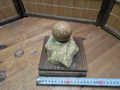 Japanese Stone Sphere Sculpture on Yakisugi Stand Wabi Sabi Décor