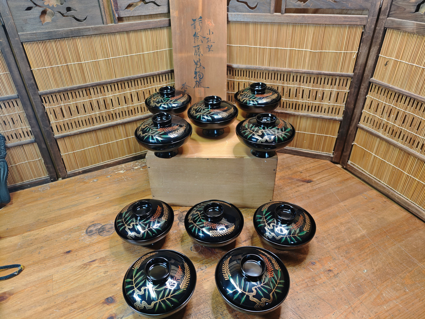 1950s Wajima Nuri Lacquer Soup Bowls Set Signed Box Maki-e Bamboo Fern