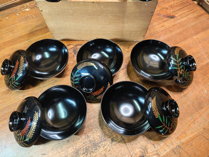 1950s Wajima Nuri Lacquer Soup Bowls Set Signed Box Maki-e Bamboo Fern