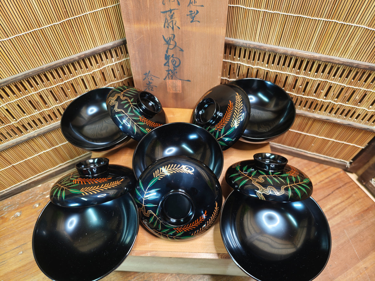 1950s Wajima Nuri Lacquer Soup Bowls Set Signed Box Maki-e Bamboo Fern