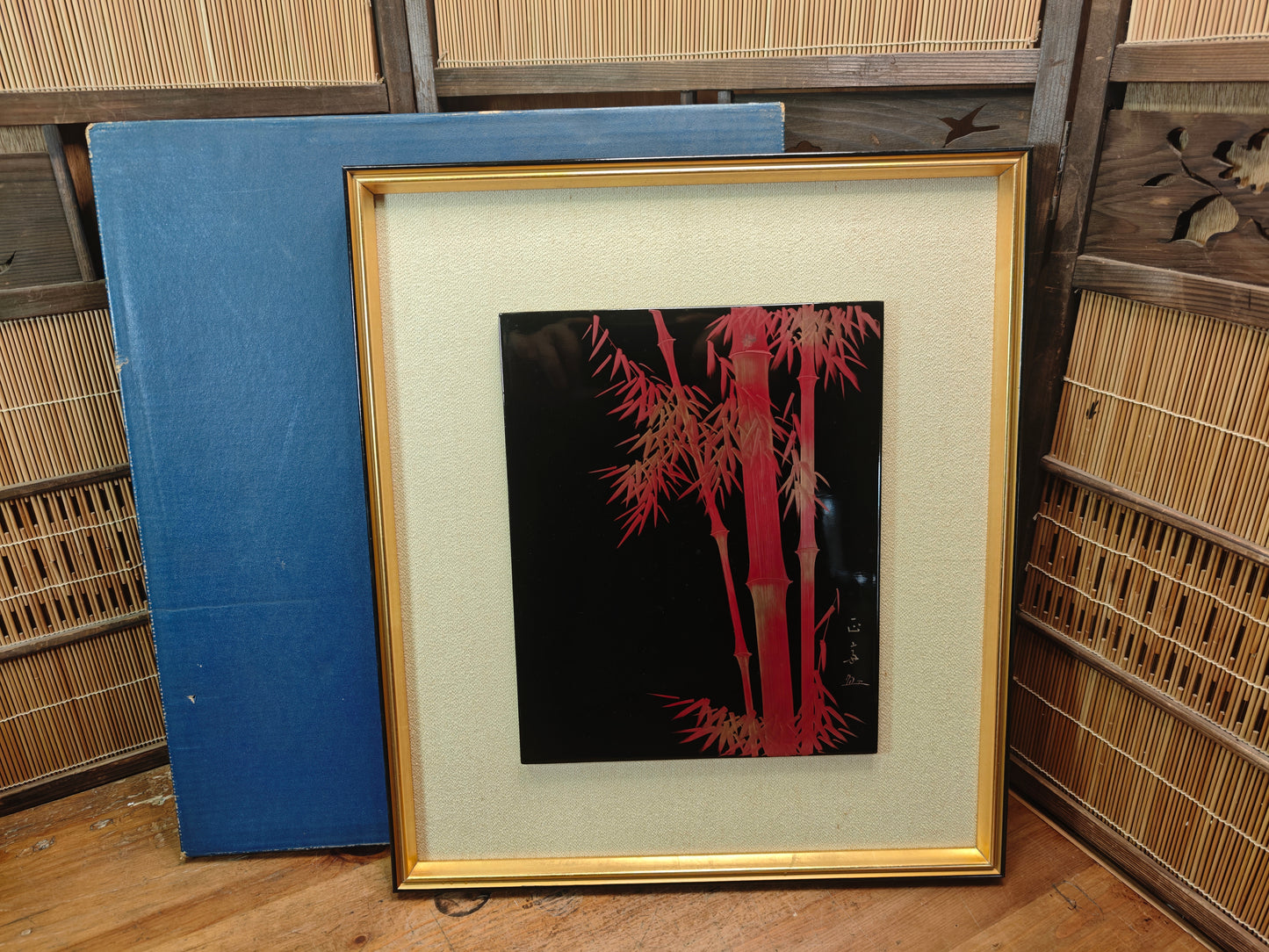 Authentic Japanese Wajima Nuri Wall Art 24K Gold Leaf Bamboo Lacquer