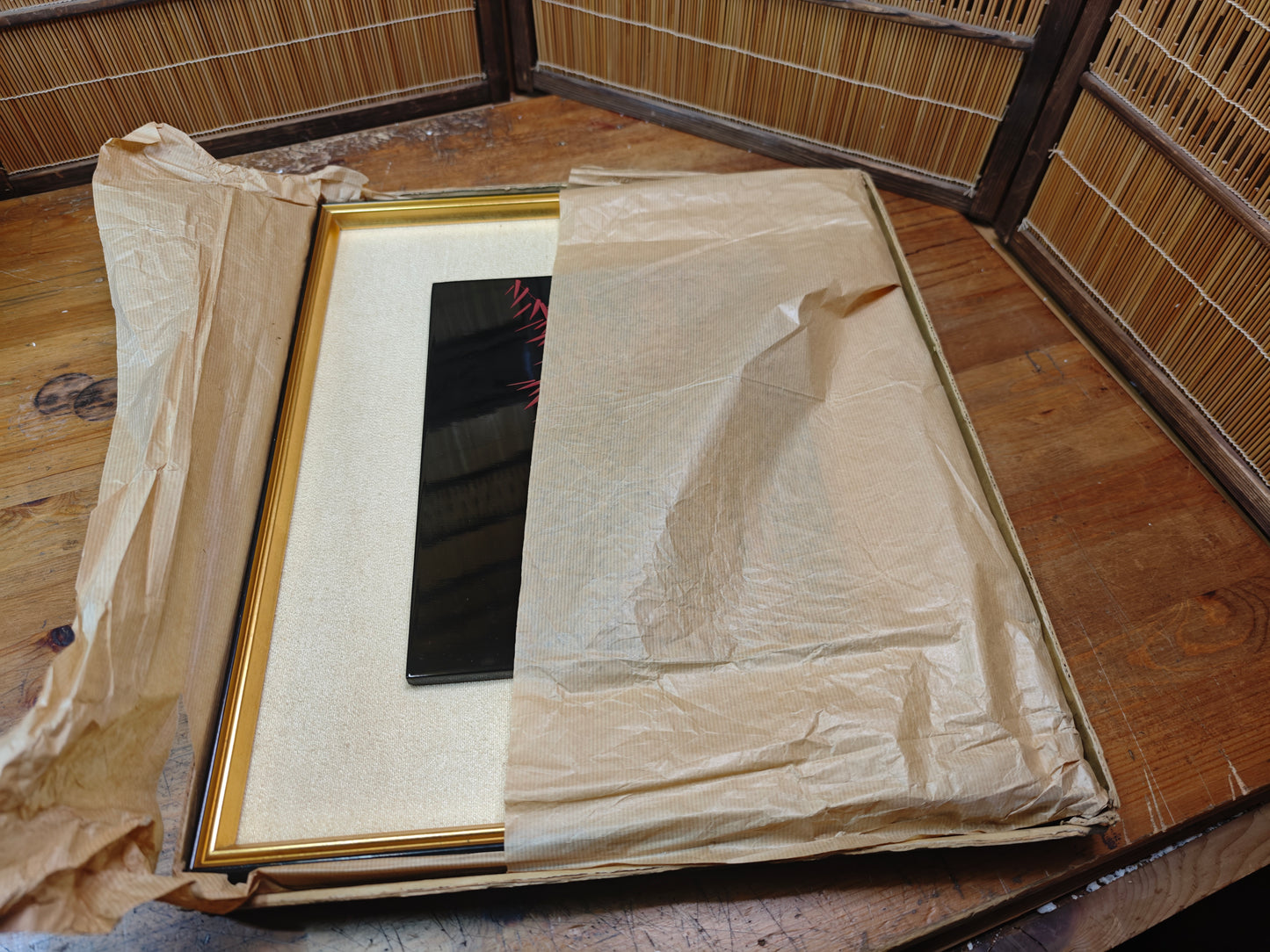 Authentic Japanese Wajima Nuri Wall Art 24K Gold Leaf Bamboo Lacquer