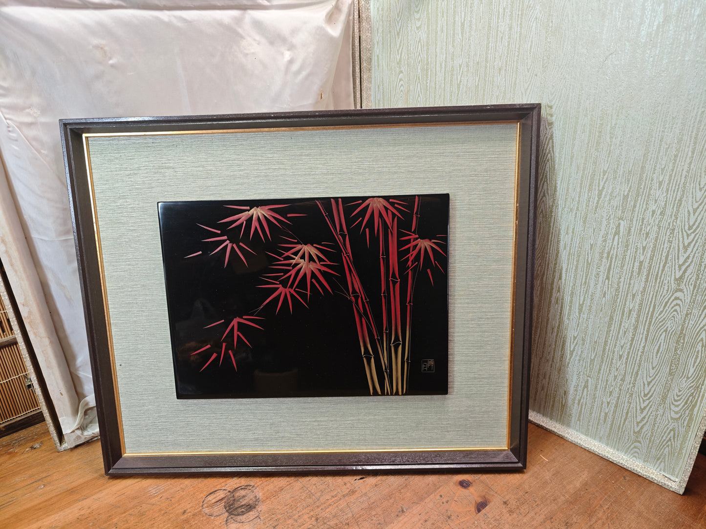 1950s Wajima Nuri Wall Art 24K Gold Leaf Bamboo Lacquer Framed Japan
