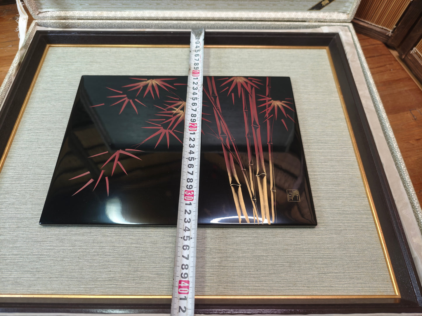 1950s Wajima Nuri Wall Art 24K Gold Leaf Bamboo Lacquer Framed Japan