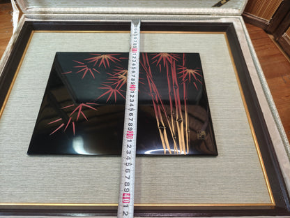 1950s Wajima Nuri Wall Art 24K Gold Leaf Bamboo Lacquer Framed Japan