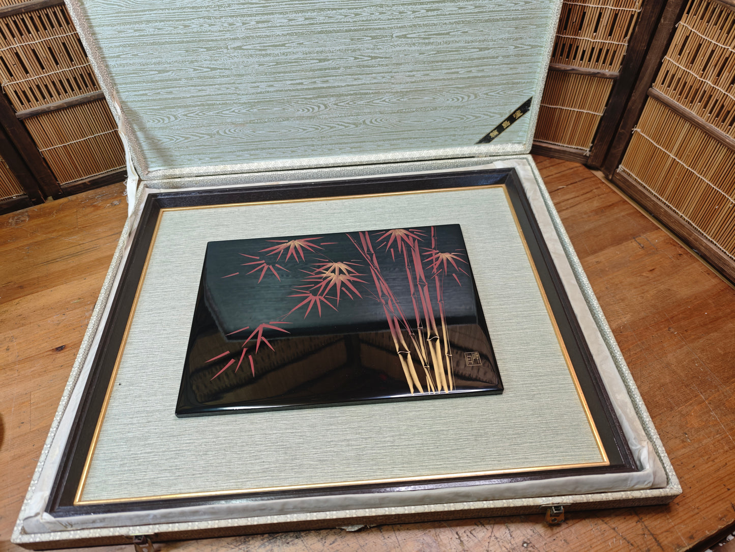 1950s Wajima Nuri Wall Art 24K Gold Leaf Bamboo Lacquer Framed Japan