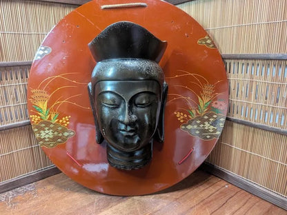 Japanese Bronze Kannon Mask Signed Buddhist Wall Art w/Display Plate
