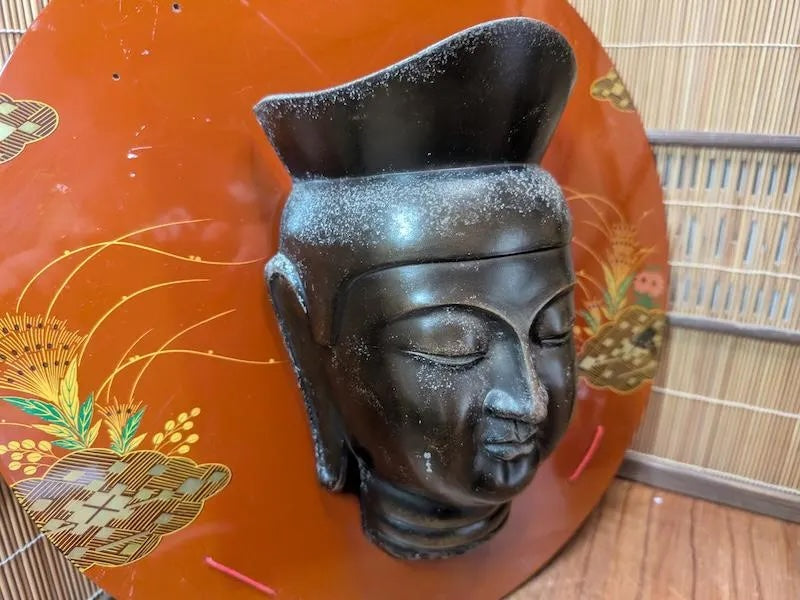 Japanese Bronze Kannon Mask Signed Buddhist Wall Art w/Display Plate