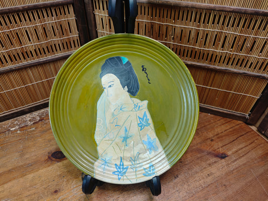 Japanese Geisha Plate Signed Ceramic Art Green Glaze Vintage Japan