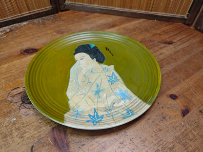 Japanese Geisha Plate Signed Ceramic Art Green Glaze Vintage Japan