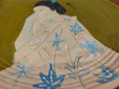 Japanese Geisha Plate Signed Ceramic Art Green Glaze Vintage Japan