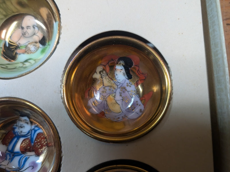 Japanese Sakazuki Sake Set Kutani pottery lucky gods Hand-Painted Vintage