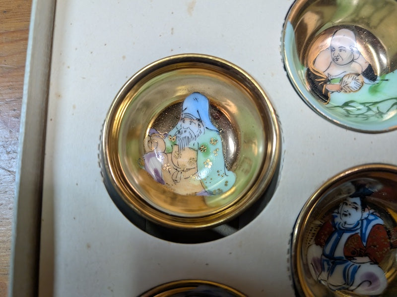 Japanese Sakazuki Sake Set Kutani pottery lucky gods Hand-Painted Vintage