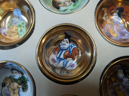 Japanese Sakazuki Sake Set Kutani pottery lucky gods Hand-Painted Vintage