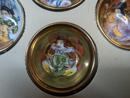 Japanese Sakazuki Sake Set Kutani pottery lucky gods Hand-Painted Vintage