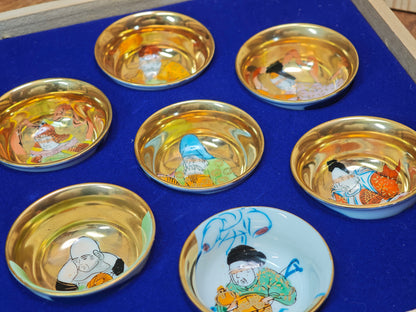 1960s Kutani Sakazuki Sake Cup Set Gold Hand Painted Japan Boxed Rare