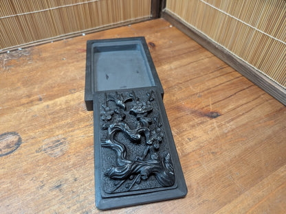 Vintage Japanese Inkstone Suzuri 1970s Carved Bird Lid Calligraphy