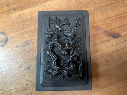 Vintage Japanese Inkstone Suzuri 1970s Carved Bird Lid Calligraphy