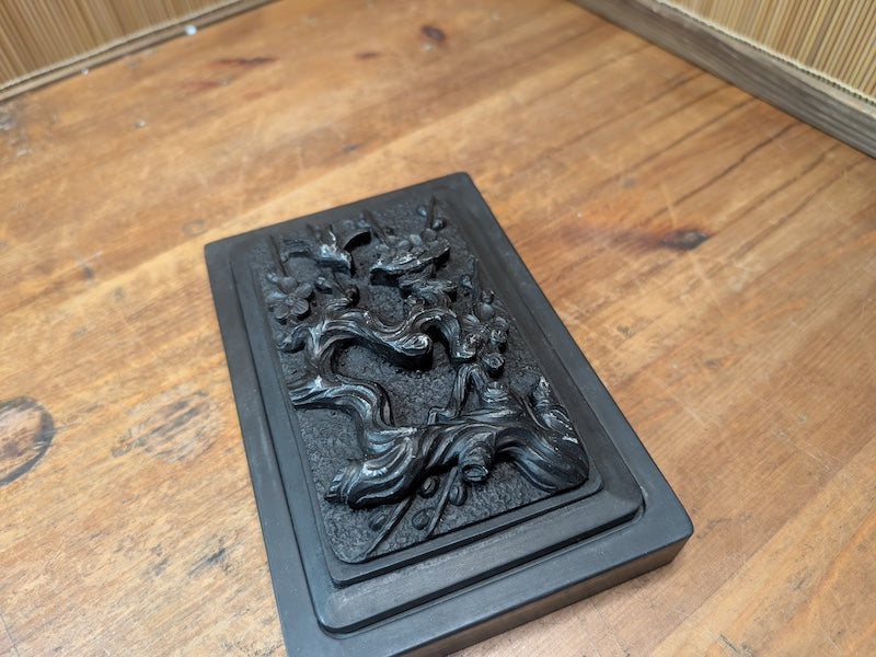 Vintage Japanese Inkstone Suzuri 1970s Carved Bird Lid Calligraphy