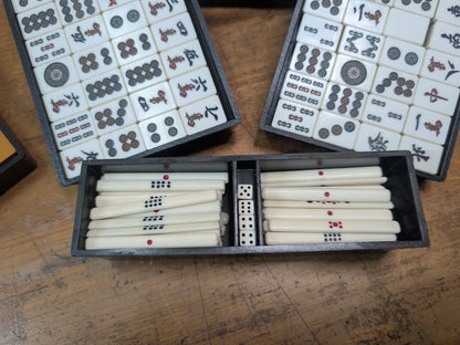 Vintage Japanese Mahjong Set 1970s Bamboo Resin Tiles Complete