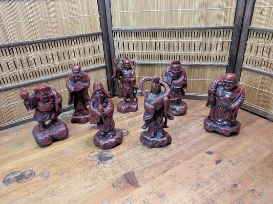 Japanese Seven Lucky Gods Set Big Heavy Resin Figures Vintage Japan Auction