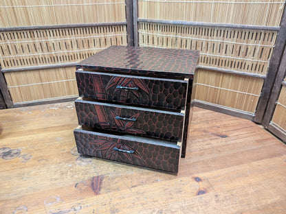 1989 Japanese 3-Drawer Box Bamboo Engraved & Signed Vintage Wood Chest