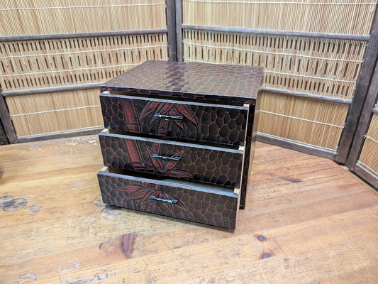 1989 Japanese 3-Drawer Box Bamboo Engraved & Signed Vintage Wood Chest