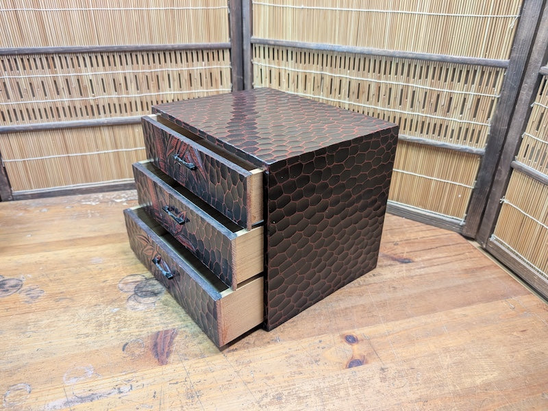 1989 Japanese 3-Drawer Box Bamboo Engraved & Signed Vintage Wood Chest