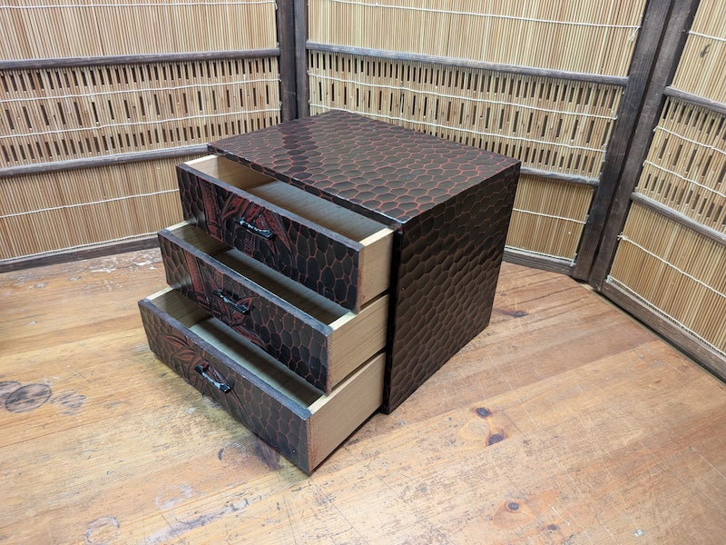 1989 Japanese 3-Drawer Box Bamboo Engraved & Signed Vintage Wood Chest