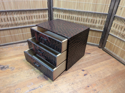 1989 Japanese 3-Drawer Box Bamboo Engraved & Signed Vintage Wood Chest