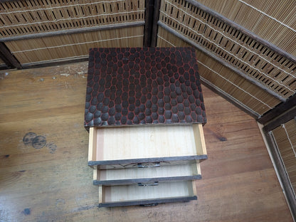 1989 Japanese 3-Drawer Box Bamboo Engraved & Signed Vintage Wood Chest