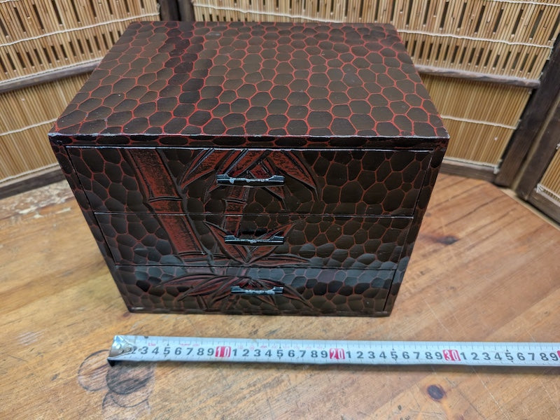 1989 Japanese 3-Drawer Box Bamboo Engraved & Signed Vintage Wood Chest